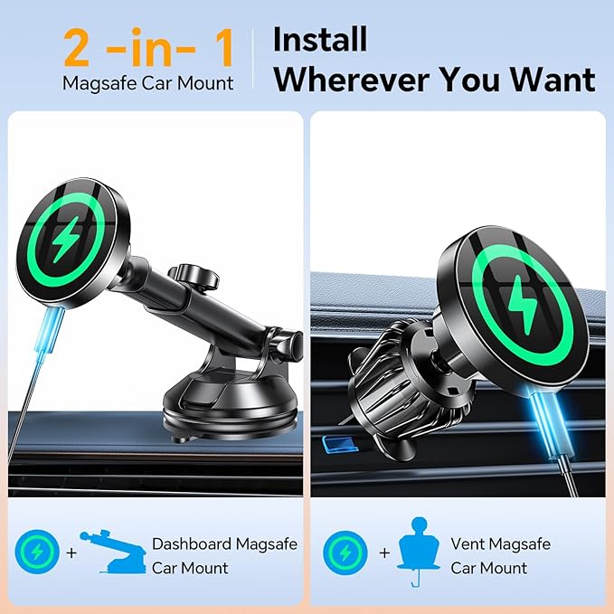 Coolpow for MagSafe Car Mount Charger【Ultra Magnet】Magnetic Phone Holders for Your Car Charger【Windshield+Vent+Dash】Magnetic Wireless Car Phone Holder Charger Car Mount for iPhone 17 Pro Max 16 15 14