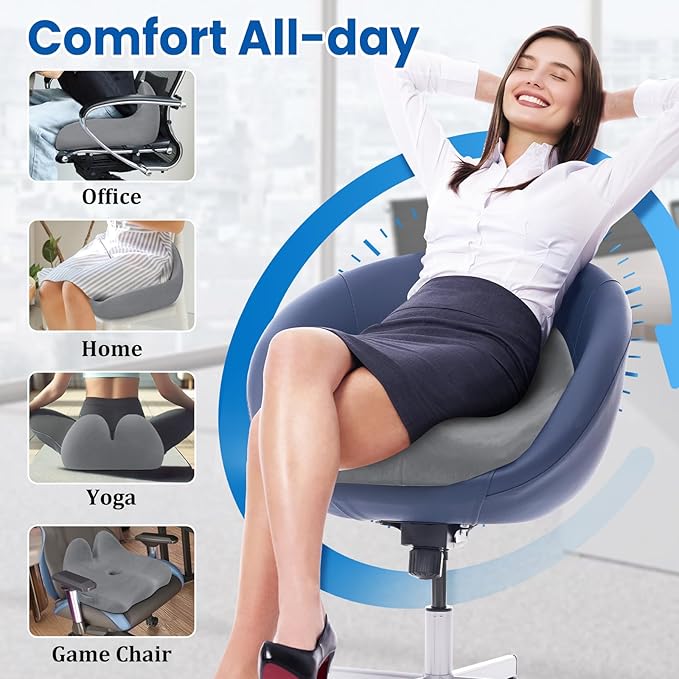 Seat Cushion, Memory Foam Office Chair Seat Cushion for Office Chairs/Car/Long Trip/Desk Chair/Gaming, X-Large Size for Sciatica & Hip & Tailbone Pain Relief, Sciatica Support (Light Gray)