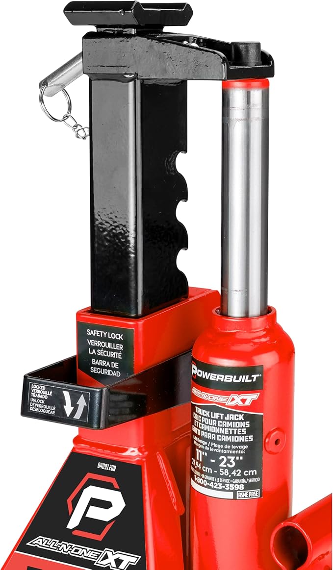 POWERBUILT 3 Ton All-in-One Hydraulic Bottle Jack and Jackstand in One, Compact, Wide Base, 11-21 Inch Range, Eliminates Jackstands, for Trucks, SUVs, RVs, Trailers, ASME, Not for Sedans - 640912