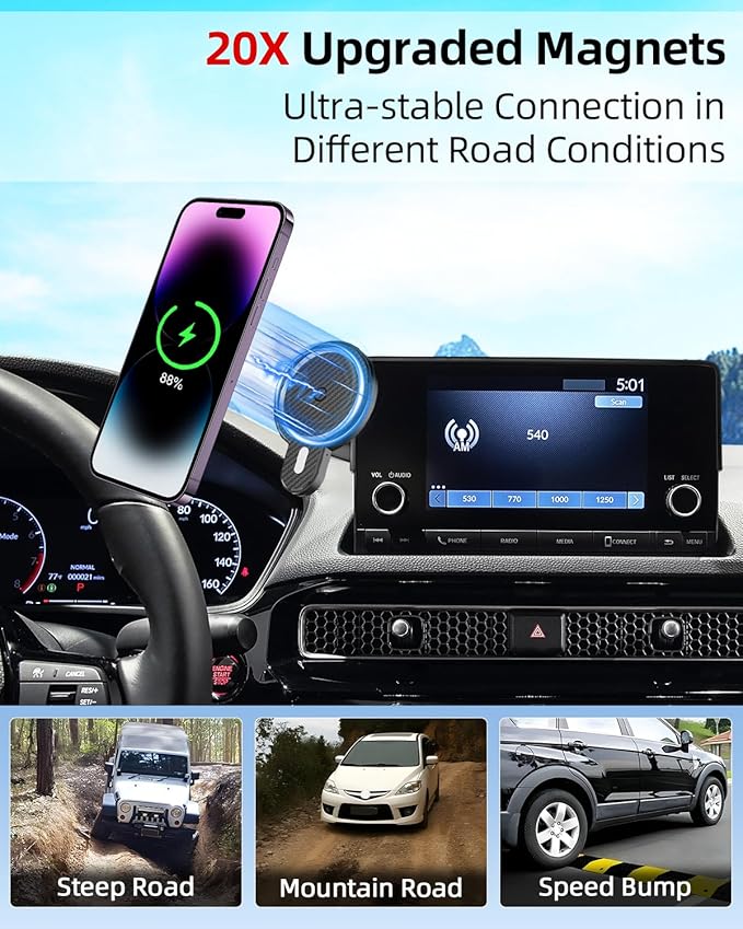 PZK Car Phone Mount for Honda Civic 2022 2023 2024 2025 2026 Accessories 11th Gen Civic 7/9-Inch Screen Magnetic 15W Fast Wireless Charger Car Phone Holder with Storage Box Not Affect Air Vent