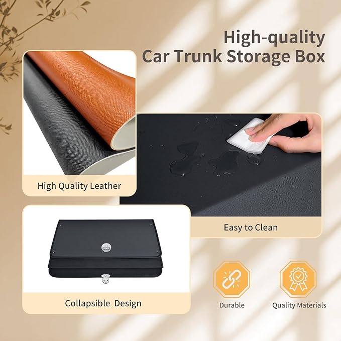 Car Trunk Organizer, Leather Trunk Organizer for SUV with Lid and Sturdy Handle Collapsible Adjustable Storage (Black, 33 x 11.4 x 12.2in)