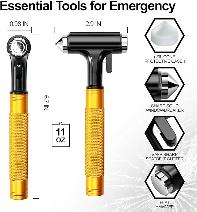 Premium Car Glass Breaker with Seat Belt Cutter - Automotive Safety Hammer - Emergecy Escape Tool, Car Autoaccessory Metal Window Hammer (Yellow 2 Pack)