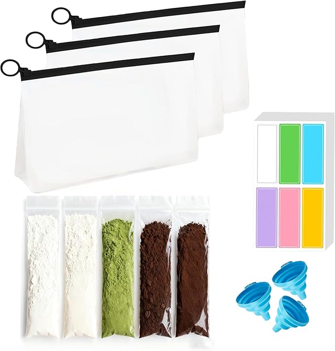 Asix Toy 100 pcs Protein Powder Travel Container Set,Protein Powder Container to Go,Reusable Single Dose Bags & 3Pcs Large Zip Bags,with Funnel Labels,Powder Dispenser for Travel Fitness Workout