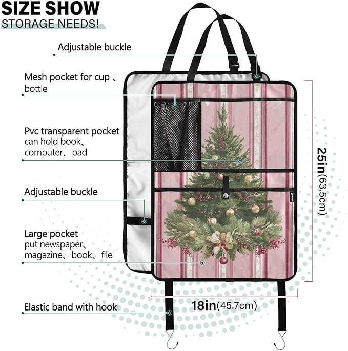 1 Pack Back Seat Car Organizer with Storage Pockets Kick Mats Back Seat Protector Hanging Car Organizer Automotive Seat Back Cover Organizers Cute Pink Striped Christmas Tree