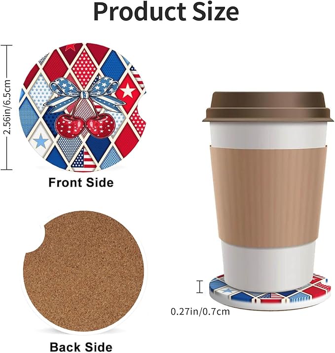 Absorbent Car Coasters for Cup Holders, 2 Pack Universal Anti Slip Ceramic Cup Coaster for Women Men 2.56 Inch Car Interior Accessories - Bow Tie Cherry Stars and Stripes 020
