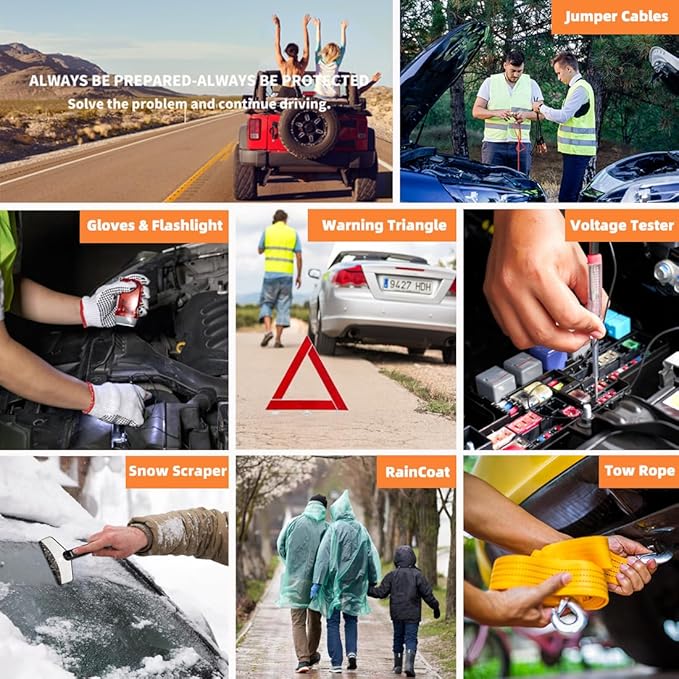 Car Roadside Emergency Kit,Auto Vehicle Truck Safety Emergency Road Side Assistance Kits with Jumper Cables,Safety Hammer,Reflective Warning Triangle,Tire Pressure Gauge,Tow Rope,etc