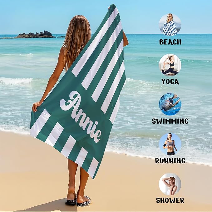 JML Personalized Beach Towel with Name, Custom Cabana Stripe Beach Towel, Customized Microfiber Pool Towel, Quick Dry & Absorbent Swim Towel for Adult,Mother's Day, Birthday, Summer Holiday,Vacation