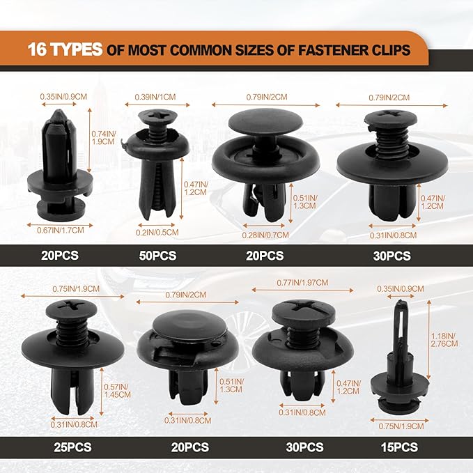 635PCS Auto Fasteners Car Push Retainer Clips Nylon Bumper Fender Rivets, 16 Most Popular Sizes with 10 Cable Ties Fasteners and Fasteners Remover Compatible with Toyota GM Ford Honda Acura Chrysler