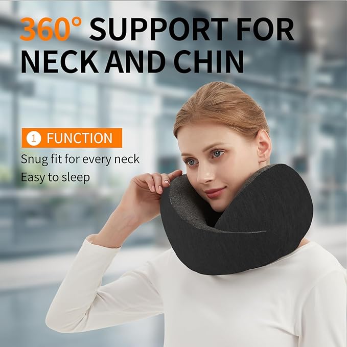 Travel Neck Pillow for Airplane – Memory Foam 360° Support Compact Design Ergonomic Flight Pillow for Sleeping & Neck Support Portable Travel Pillows for Adults, Car, Office Home (Black)