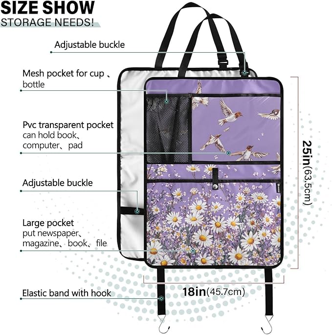 Purple Daisy Flowers and Flying Birds 1 Pack Backseat Car Organizer with Storage Pockets Seat Back Organizers for Kids Kick Mats Backseat Protector Automotive