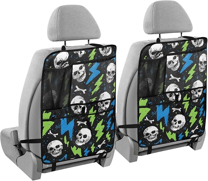1 Pack Back Seat Car Organizer with Storage Pockets Kick Mats Back Seat Protector Hanging Car Organizer Automotive Seat Back Cover Organizers Skull Lightning Colorful