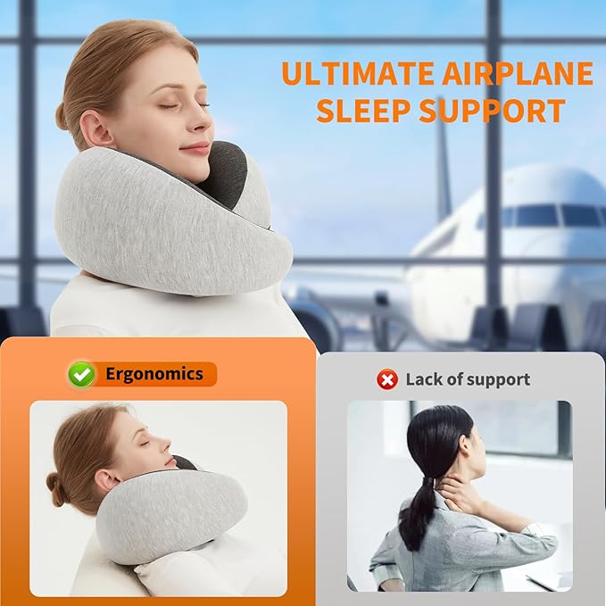 Travel Neck Pillow for Airplane – Memory Foam 360° Support Compact Design Ergonomic Flight Pillow for Sleeping & Neck Support Portable Travel Pillows for Adults, Car, Office Home (Grey)