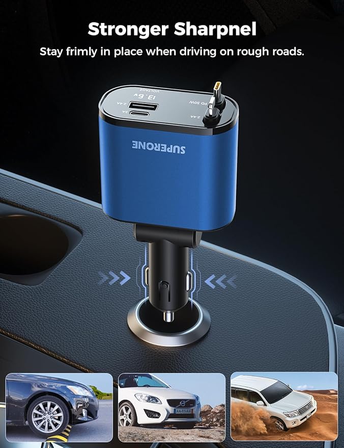 【Upgraded】 SUPERONE Retractable Car Charger 4 in 1, Fast Car Phone Charger with Cord 2.6ft, USB C and Apple Car Charger Adapter, Compatible with iPhone 17/16/15/15 Pro Max/14/13/12/11, Galaxy, Pixel