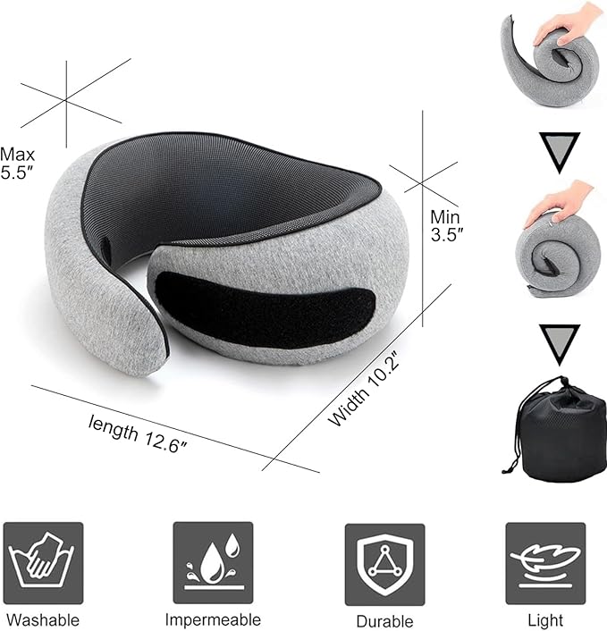 Neck Pillow for Traveling, Travel Neck Pillow for Airplanes, 100% Pure Memory Foam, 360° Support Stowable Pillows for Sleeping, Breathable & Washable Cover, Compact for Travel, Car & Office (Gray)