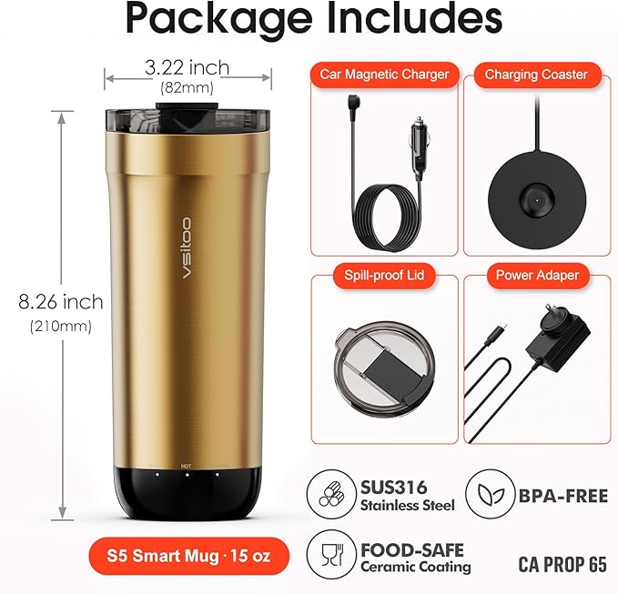 VSITOO S5 heated travel mug,16oz, Auto-Sensing AI Heats Drinks To 120-150°F Hands-Free. Temperature Control for All Cars, Perfect for Home/Office/Travel/Outdoor, Ideal Gift for Coffee Lovers - Gold