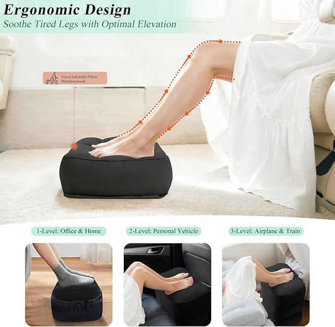 TheClover Airplane Foot Rest for Long Flight - Inflatable Foot Rest for Under Desk,Kids Car Foot Rest Bed,Portable 3-Height Foot Cushion,Lightweight Travel Leg Rest for Airplanes,Trains,Office & Home