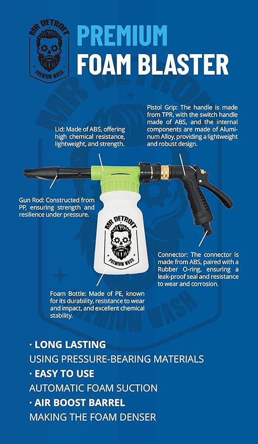 Mr. Detroit - 4pc Car Wash Kit with Foam Blaster, 16oz Car Wash Soap, Chenille Car Wash Glove, Drying Towel, Scratch-Free Foam Cannon Streak-Free Exterior Cleaning for Auto Detailing & Home Use