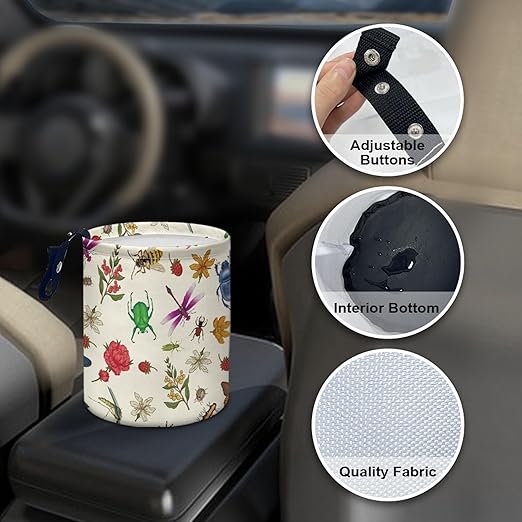 Cute Car Trash Can Flowers Insects Print Automotive Accessories for Interior Organizer Truck SUV RV Vehicle Home Office Small Portable Hanging Garbage Bags