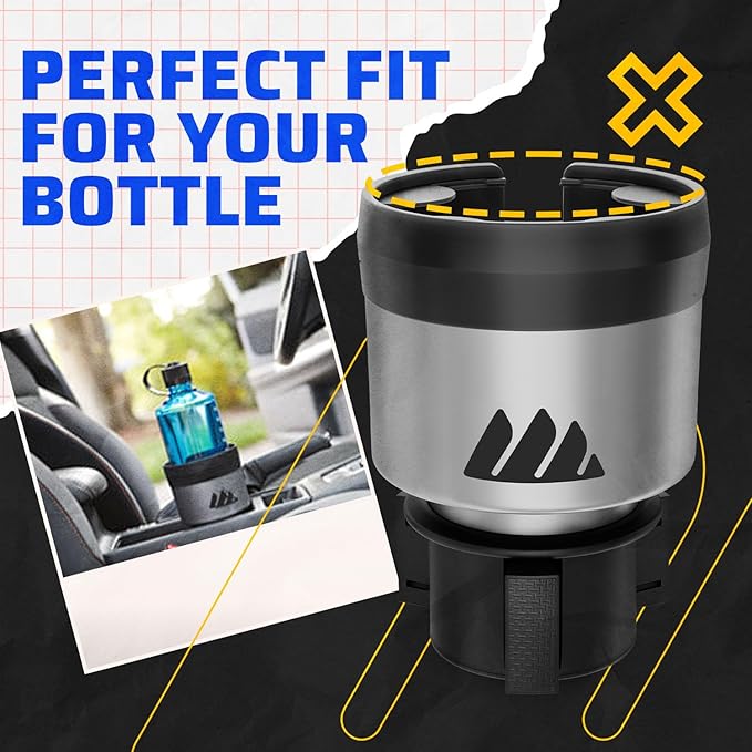Integral Silver Hydro Expander Car Cup Holder Expander Organizer with Adjustable Base - Rubber Tabs Hold Most 32-40 oz Bottles and Large Cups
