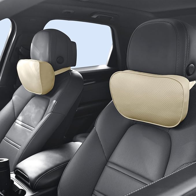 Car Neck Pillow for Headrest, 2 Pack PU Leather Car Headrest Pillow for Neck Support, Super Soft Ergonomic Du-Pont Bio Cotton Travel Pillow with Adjustable Strap (Beige, Shaped Style)