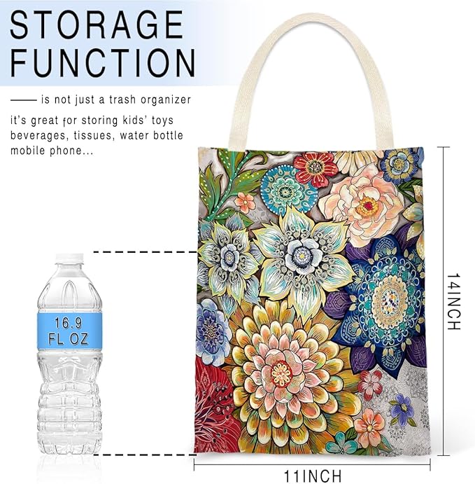 Boho Floral Car Trash Bags - Hanging, One-handed Strap, Cute Printed, Small Garbage Bags for Car Back Seat Accessories