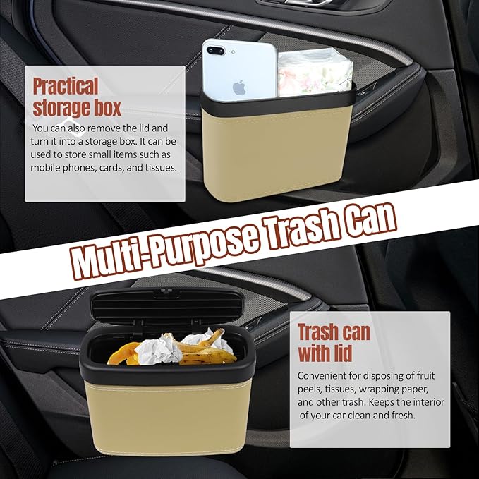 Wuyaoyao Car Trash Can with Lid, Leather Automotive Trash Bin with Garbage Bags, Leakproof Cars Door Hanging Garbage Can, Mini Multi-Purpose Vehicle Storage Organizer, Interior Car Accessories (Beige)