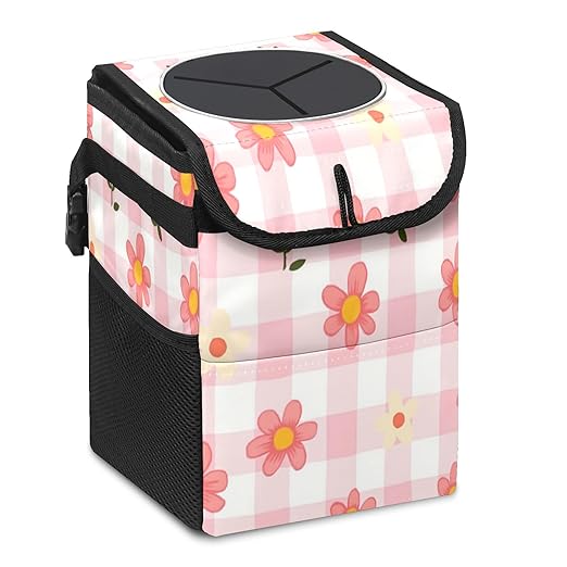 Car Trash Can with Lid, Small Portable Hanging Automotive Garbage Bin for Vehicles, Leakproof Waste Bag Container for SUV Truck Van Interior Auto Travel Road Trips(Pink Gingham)