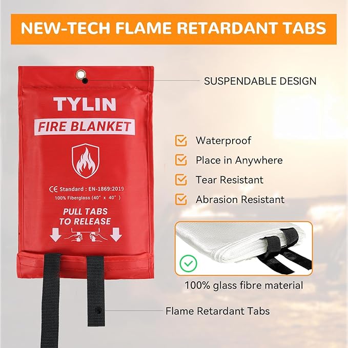 TYLIN Emergency Fire Blanket for Home & Kitchen 40” x 40” - 4 Pack, High Heat Resistant Fire Suppression Blankets for Home Safety, Kitchen, and Camping (4)