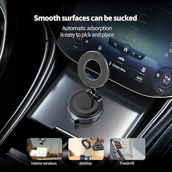 Strong Magnetic Car Phone Holder for MagSafe with Vacuum Suction Cup, Foldable and Retractable, 360° Rotation Phone Mount for iPhone 12 13 14 15 16 17 and Android Smartphones, Black
