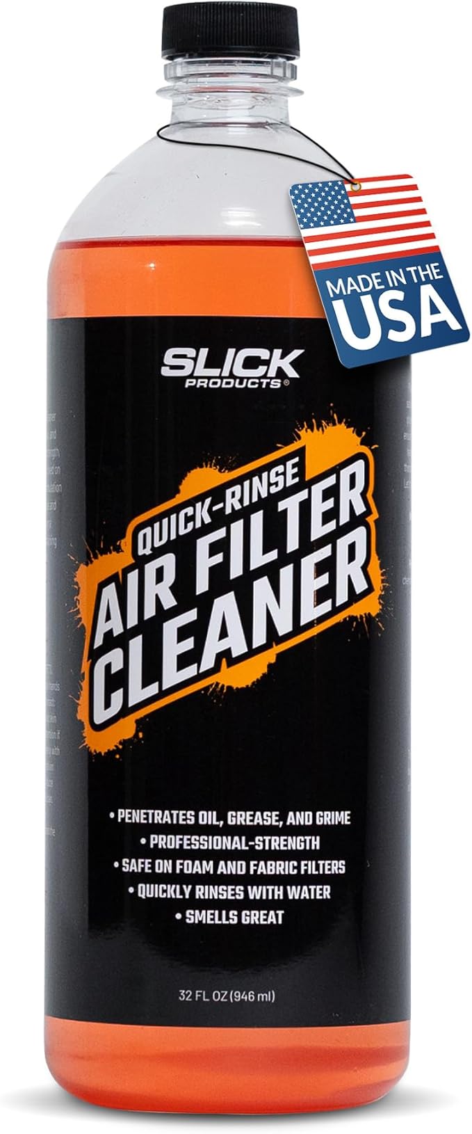 Slick Products Quick Rinse Air Filter Cleaner – Professional Strength, Non-Flammable Foam & Fabric Cleaner, Removes Oil, Grease & Dirt, Fresh Scent, Easy Rinse – 32 oz