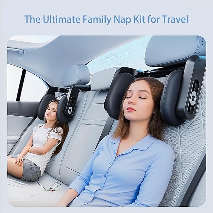 Car Headrest Pillow with Hook, Adjustable Car Seat Neck Support with Memory Foam & Ice Silk, 360° Rotating Travel Sleeping Headrest for Kids & Adults