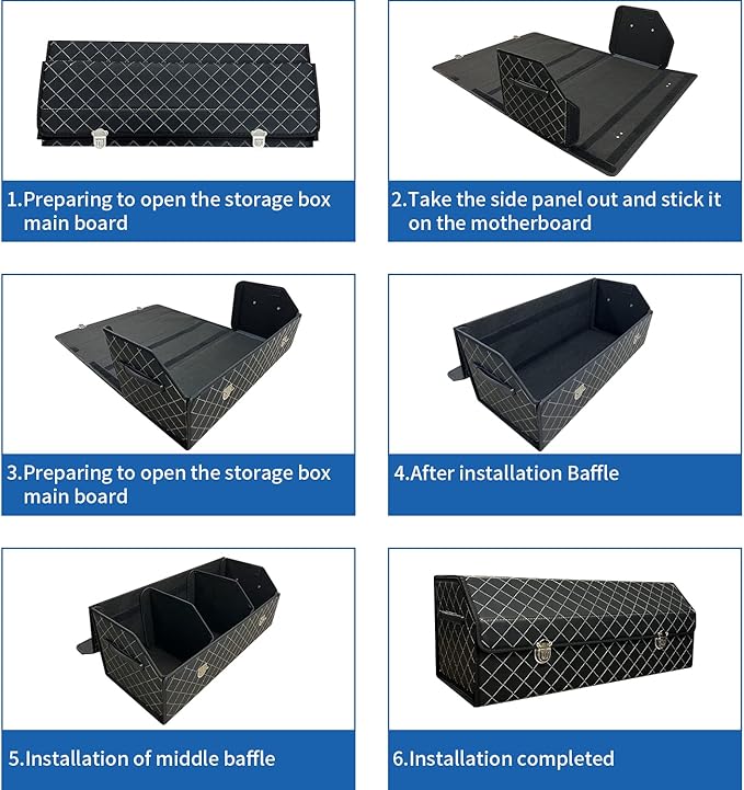 Trunk Organizer for Car With Lid,Foldable Trunk Organizer for SUVs & Sedans,Multi-Functional Leather Storage Box - Black Grid - Large