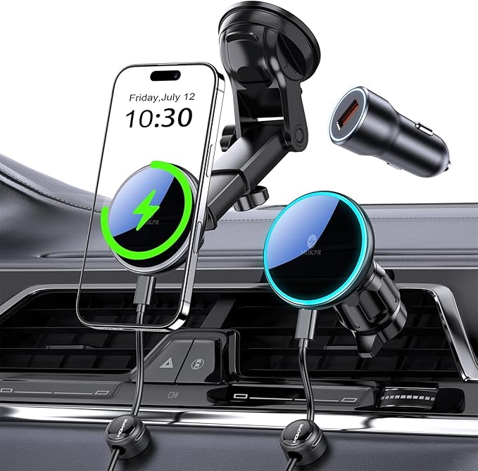 MOKPR Only for iPhone Magsafe Car Mount Charger, Magnetic Phone Holder for Your Car Charger Dash Windshield Vent Magnetic Wireless Car Charger Mount for iPhone 17 16 15 14 13 12