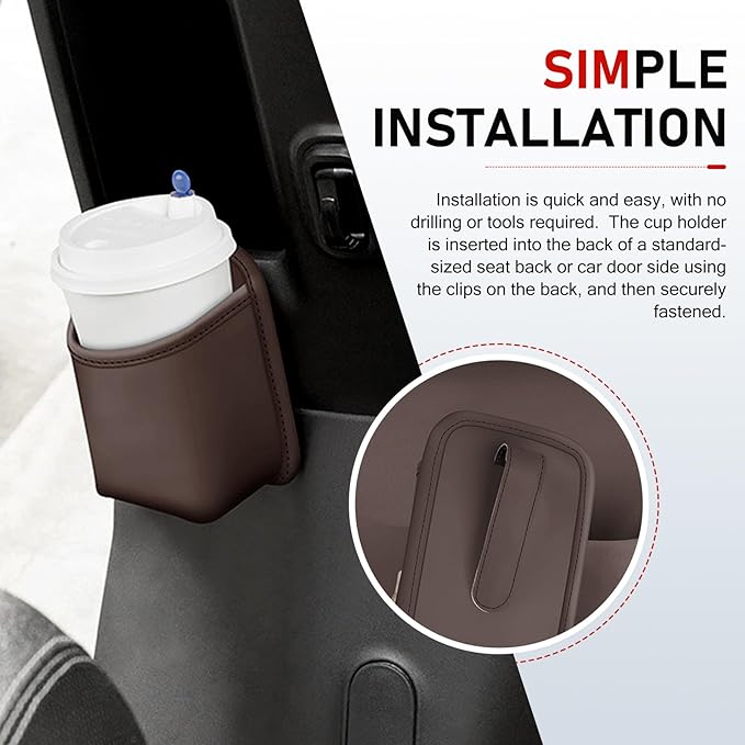 Car Door Cup Holder, Leather Backseat Cup Holder for Car, Multifunctional Clip On Storage Box for Beverage Phones Keys Snacks, Universal Storage Organizer Accessory (Brown)