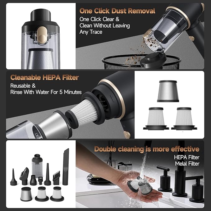 Car Vacuum Portable Cordless,16000PA Strong Suction Handheld Car Cleaner with Dual HEPA Filters,LED Light,Type-C Charging Mini Vacuum, One-Click Empty Compact for Home Cleaning and Office