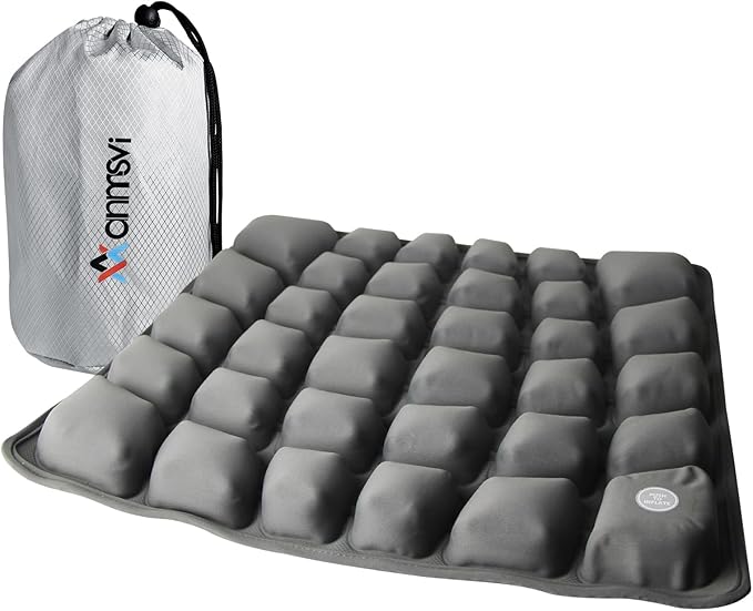 Inflatable Travel Seat Cushion with Built-in Pump & Carry Bag (Grey Cushion with Silver Storage Bag)