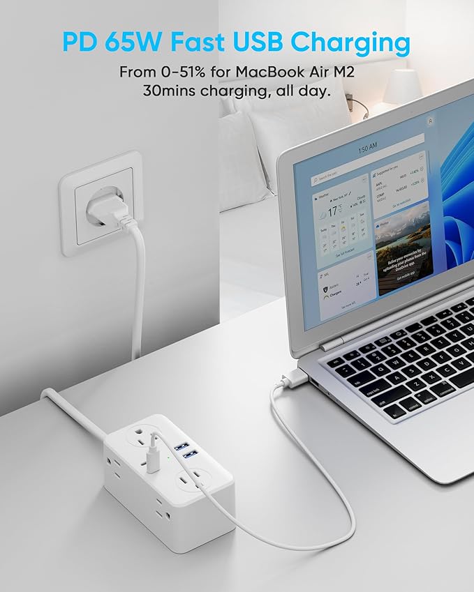 European Travel Plug Adapter, EU/UK/US Travel Adapter Power Strip, 6 AC Outlets, 65W USB C Power Delivery, 3ft Wrapped Around Extension Cord, Compact for Travel