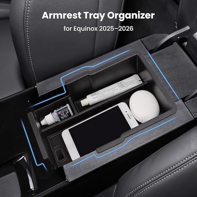 Center Console Organizer Armrest Tray Insert for Chevy Equinox 2025-2026, Accessories for 2026 Equinox Center Console Tray Storage Box, ABS Plastic, Black