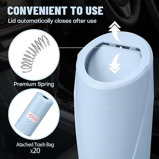 Car Trash Can Bin with Lid - Car Garbage Can Cup Holder - Light Blue Mini Leakproof Vehicle Trash Garbage Can Bin with 20pcs Trash Bags-Car Organizers and Storage for Front Back Seat Accessories