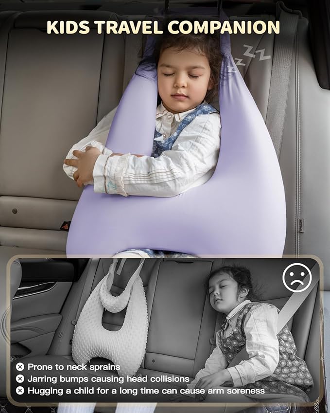 Memory Foam Kids Travel Pillow, Car Pillow for Kids, H-Shape Car Pillows for Sleeping, Removable Pillowcase, Adjustable, Porous Dots, Purple