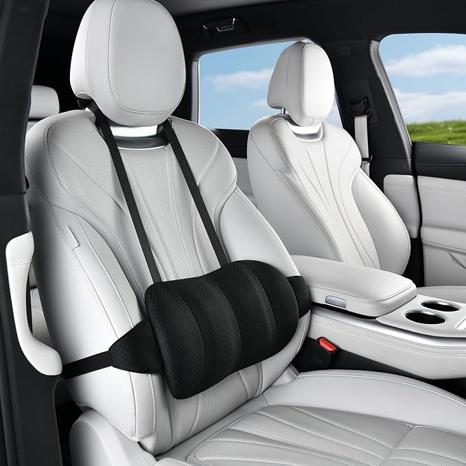 KAYI Lumbar Support Pillow for Car, Memory Foam Lumbar Pillow with Adjustable Straps, Lumbar Support Pillow for Office Chair, Back Support for Car, Sitting, Driving, Traveling (1, Black)