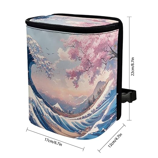 1.2 Gallons Car Trash Can, Ukiyo-e Print Car Garbage Can for Back Seat, Leak-Proof Zipper Seal, Durable Polyester Material Washable, Ideal for Car Interior & SUV - Auto Garbage Solution