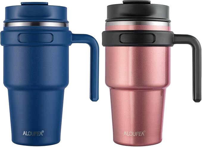 ALOUFEA 20 oz Insulated Coffee Mug Tumbler with Handle, Stainless Steel Travel Mug Tumbler with Lid and Straw,Double Wall Vacuum Leak Proof Ice Coffee Thermal Cup, Navy/Rose Gold
