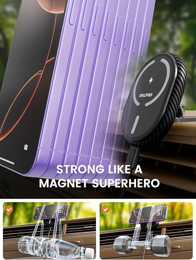 OHLPRO for iPhone 17 Magsafe Car Mount Charger, 15W Fast Charging Magnetic Holder with 3M Adhesive Base for Dashboard, Mag Car Holder for Vent Clip Compatible with iPhone 16/15/14/13 Pro Max, Black