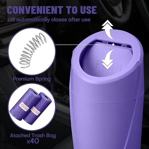 Car Trash Can Bin with Lid-2 Packs Car Garbage Can Cup Holder-Purple Mini Leakproof Vehicle Garbage Bin with 40pcs Trash Bags-Automotive Organizers and Storage for Front Back Seat Accessories