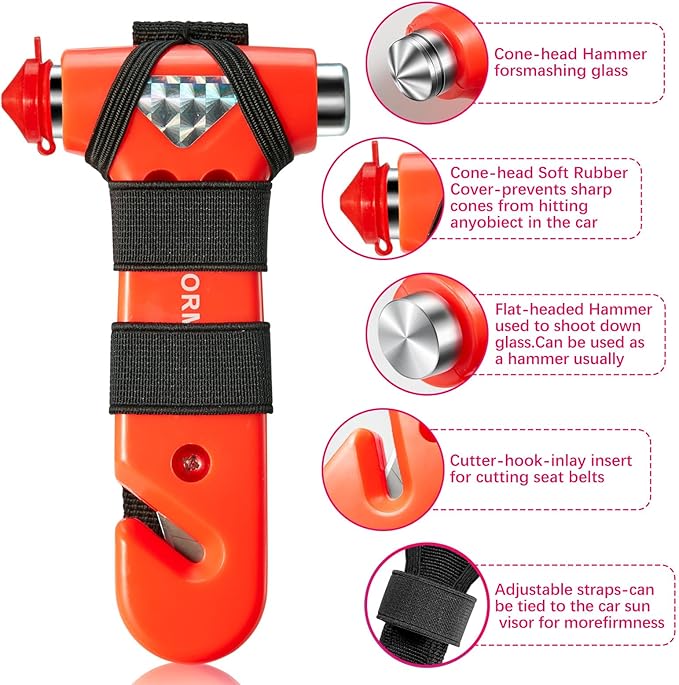 Car Safety Hammer Seatbelt Cutter, Window Glass Breaker with Seat Belt Cutterwith, Auto Traffic Accident Emergency Escape Tool, 2 Pack, Orange