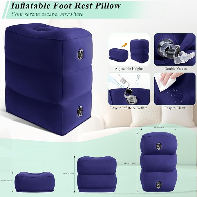 Inflatable Foot Rest Pillow for Airplane - Kids Car Bed with 3 Layers Height Adjustable,Portable Leg Rest for Under Desk,Travel Essentials Great for Office,Home,On Road,Leak-Proof