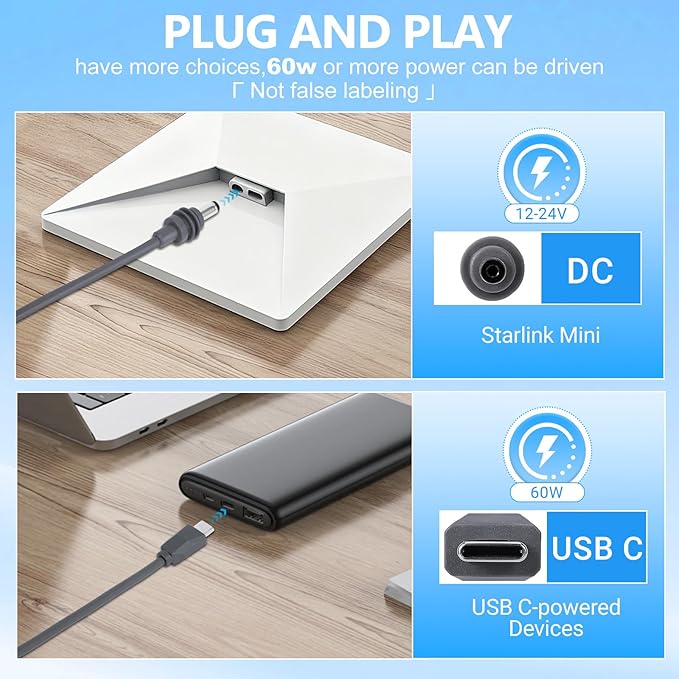 Starlink Mini USB C to DC Power Cable, Compatible with 65W+ Power Bank and PD Charger, Starlink Mini Cable USB Type-C to DC Cord, 18AWG Waterproof, Plug and Play for Outdoor Camping Travel (10FT/3M)
