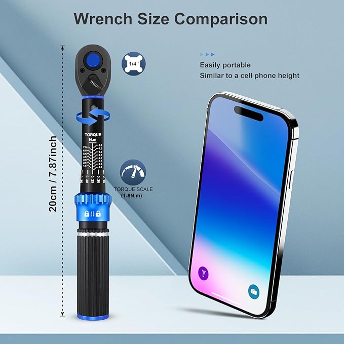 1/4" Drive Small Torque Wrench 1-8 Nm (8.85-70.8 in lb) ±3% Precision, Dual-Direction 72-Tooth Click Torque Wrench for Bicycle, Electronics, Small Engine Repair, and Delicate Fasteners