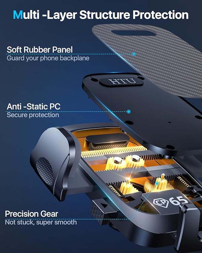 HTU [True Military-Grade] 2025 Upgraded Car Phone Holder 【Safety Certs & No Smell】 Cell Phone Holder for Car Mount for Dashboard Windshield Air Vent Long Arm Thick Case,Grey